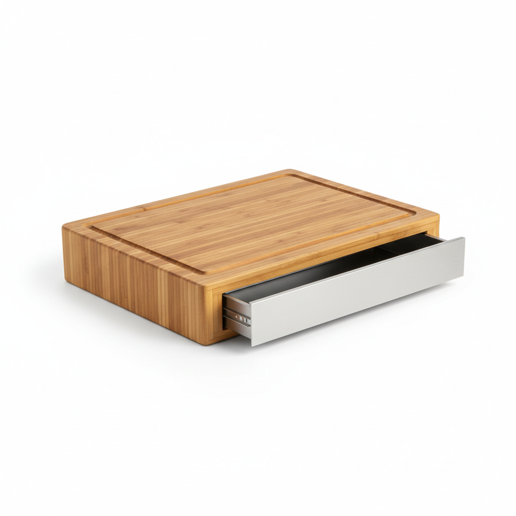 Tábua de bambu com gaveta coletora em aço inoxidável sobre fundo branco